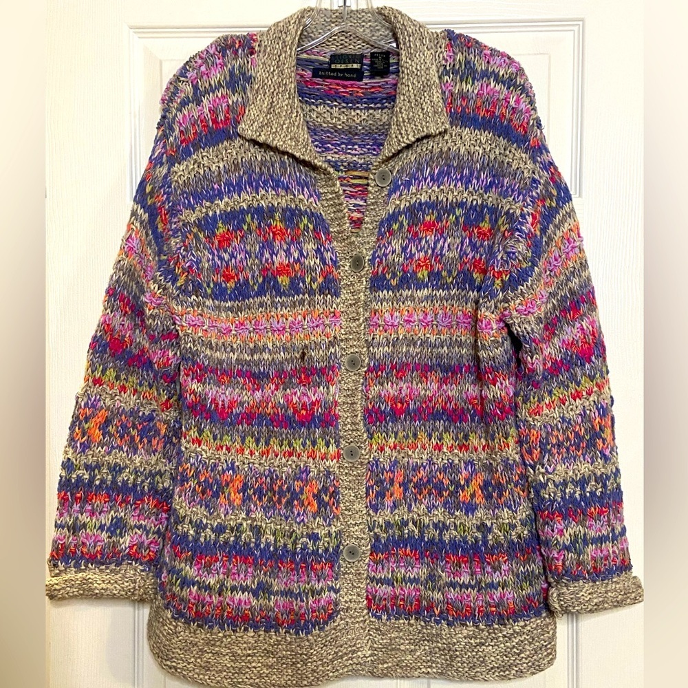 Sigrid Olsen Cardigan Womens Sz Petite M Tan Hand Knitted Silk Blend Sweater